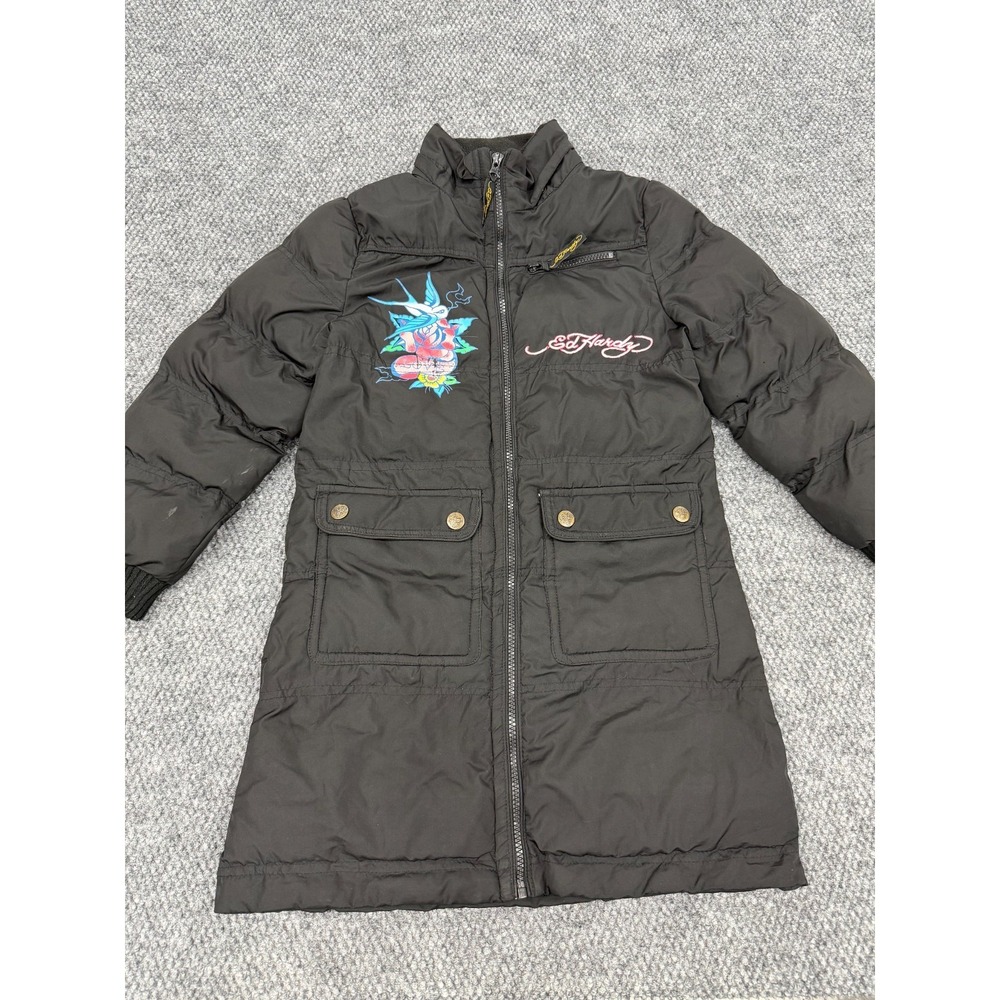 Vintage Ed Hardy Women's Small Puffer Jacket Coat Black Insulated Full Zip Y2K
